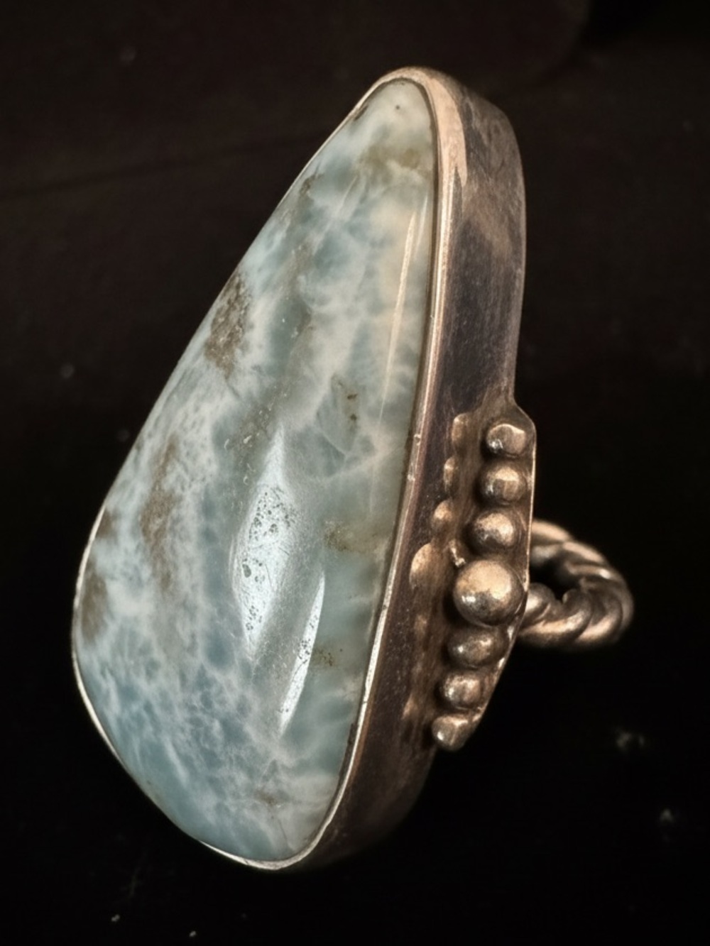 Handcrafted sterling Silver Ring with Light Blue natural larimar Teardrop‎ Stone
